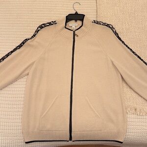 St. John Cream Zip-Front Sweater with Black Trim